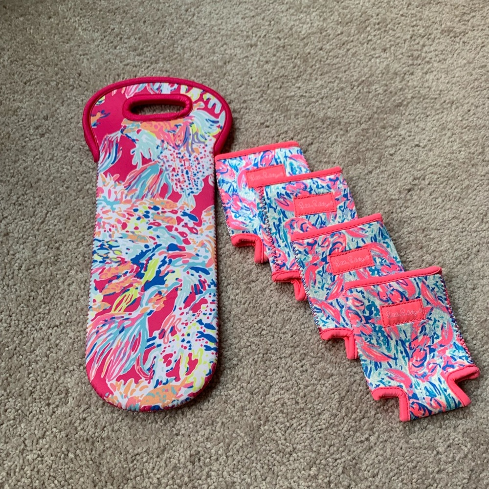 NEW! Lilly Pulitzer 100% neoprene beverage/wine tote and 4 matching koozies